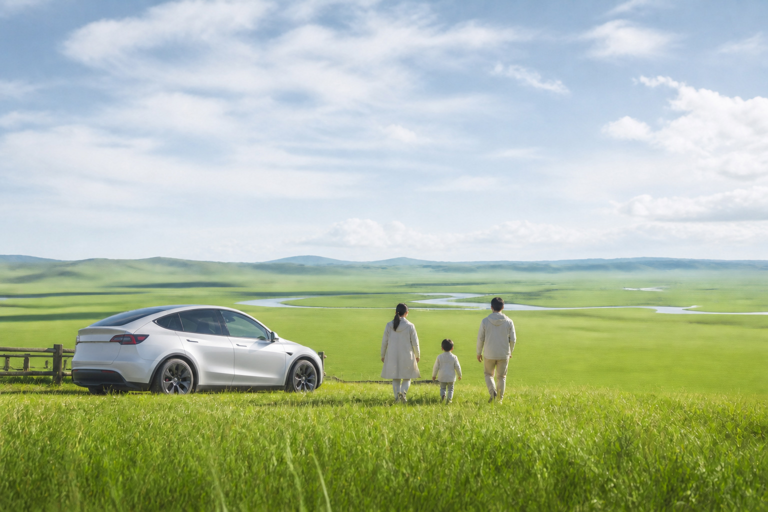 草原公路旁的 Model Y 与远处山河