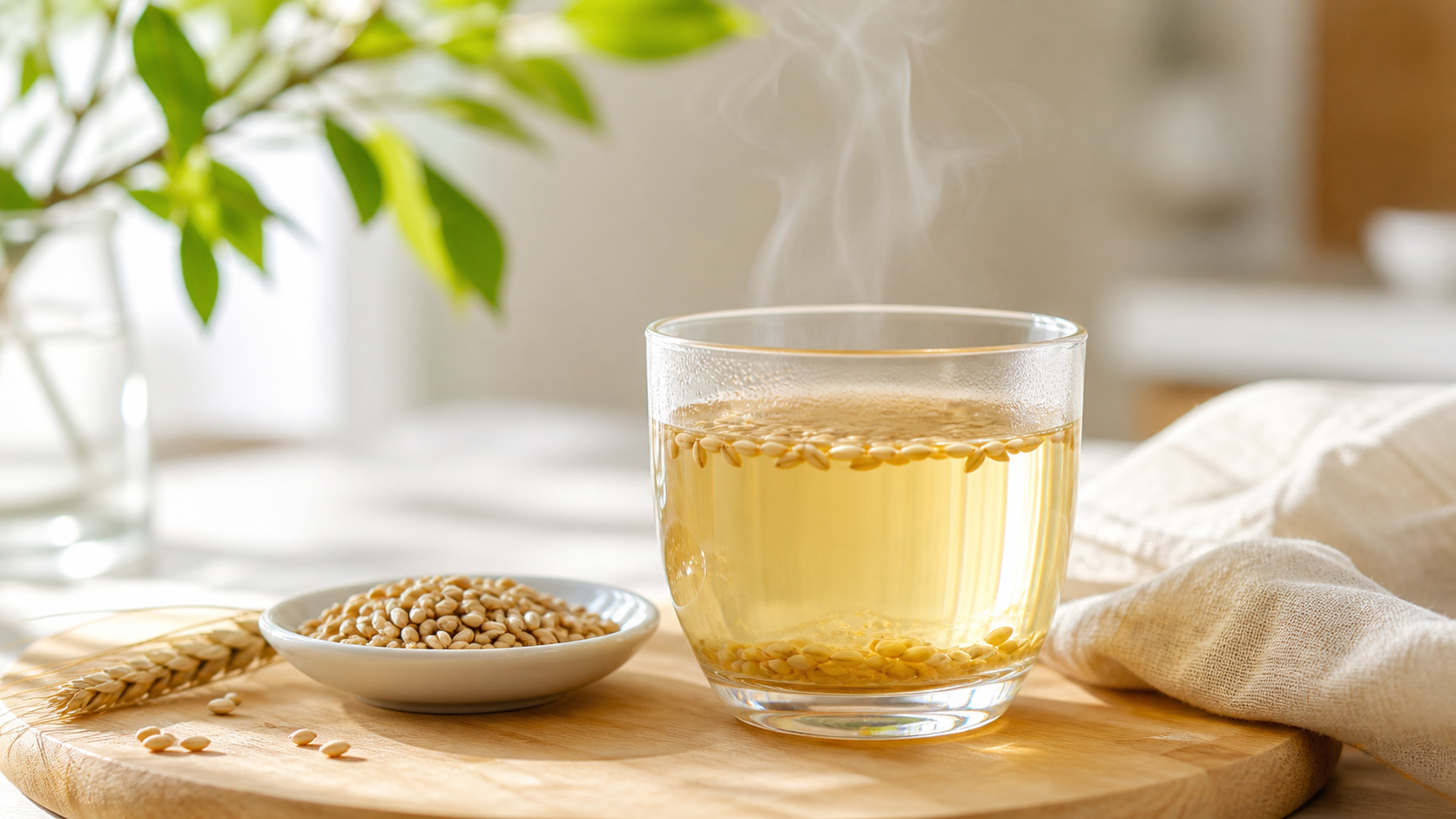 玻璃杯中的浮小麦茶