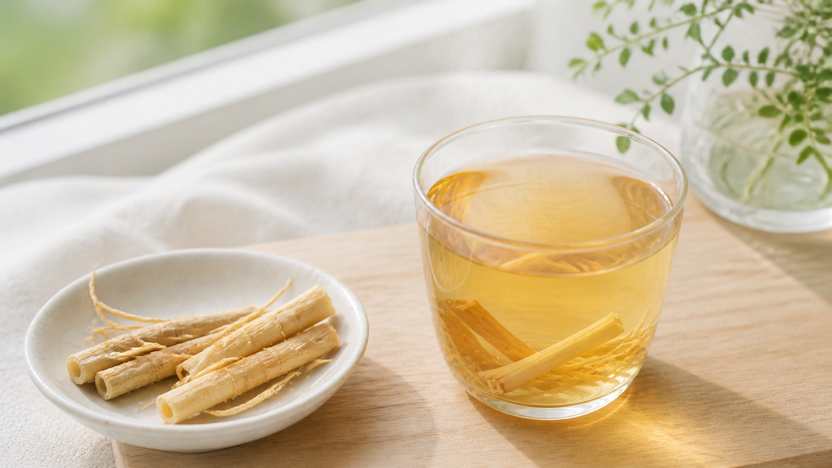 玻璃杯中的芦根汤和芦根段