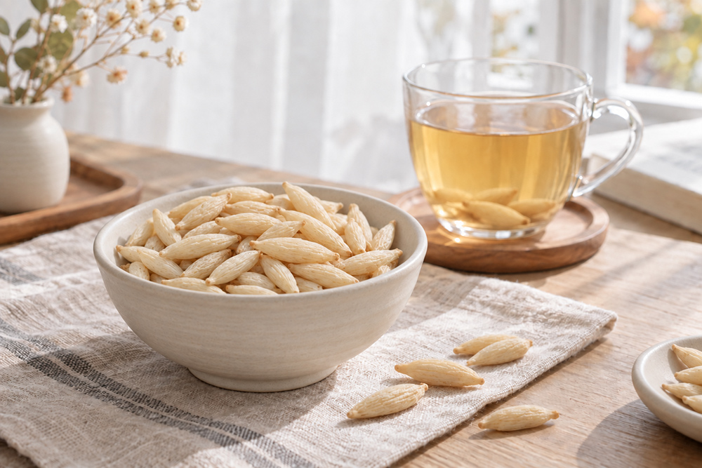窗边木桌上的麦冬、清茶和陶瓷小碗