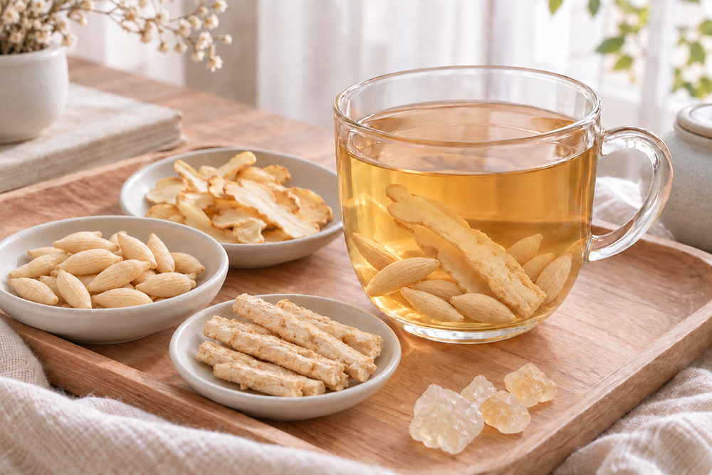 玻璃杯里的参麦玉竹茶和旁边的麦冬玉竹沙参