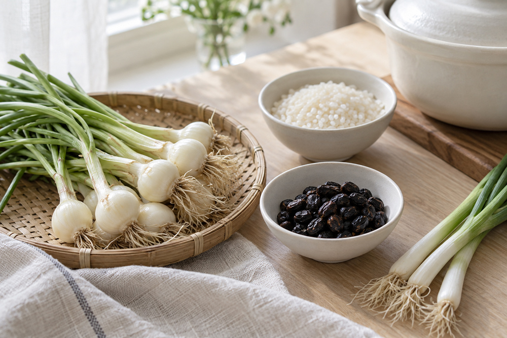 木桌上的薤白、豆豉、大米和葱白