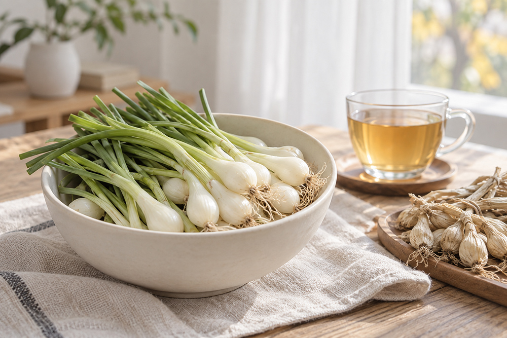 窗边木桌上的薤白、小根蒜、清茶和干薤白